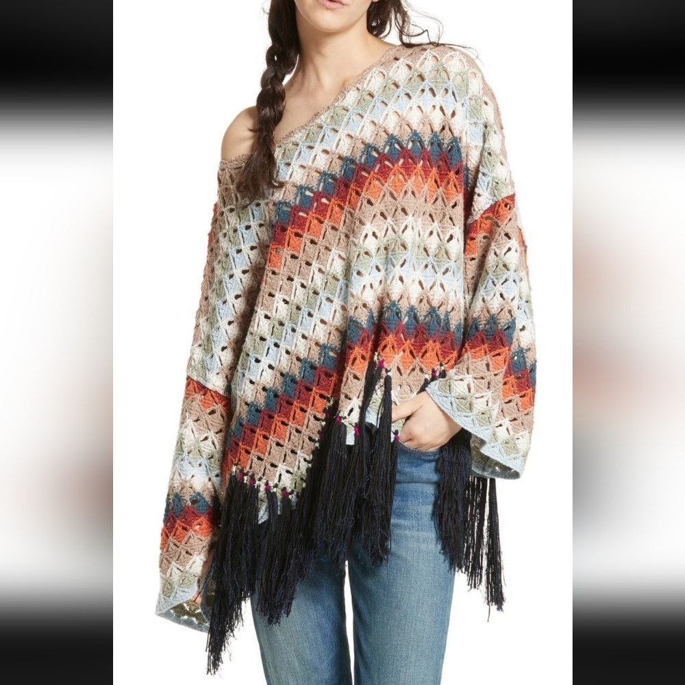 Free People Nadia’s Poncho Knit Crochet Sweater Colorful XS/S